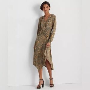 RALPH LAUREN Twist-Front Jersey Dress Cream Gold Paisley Print Sz 6 Black Label